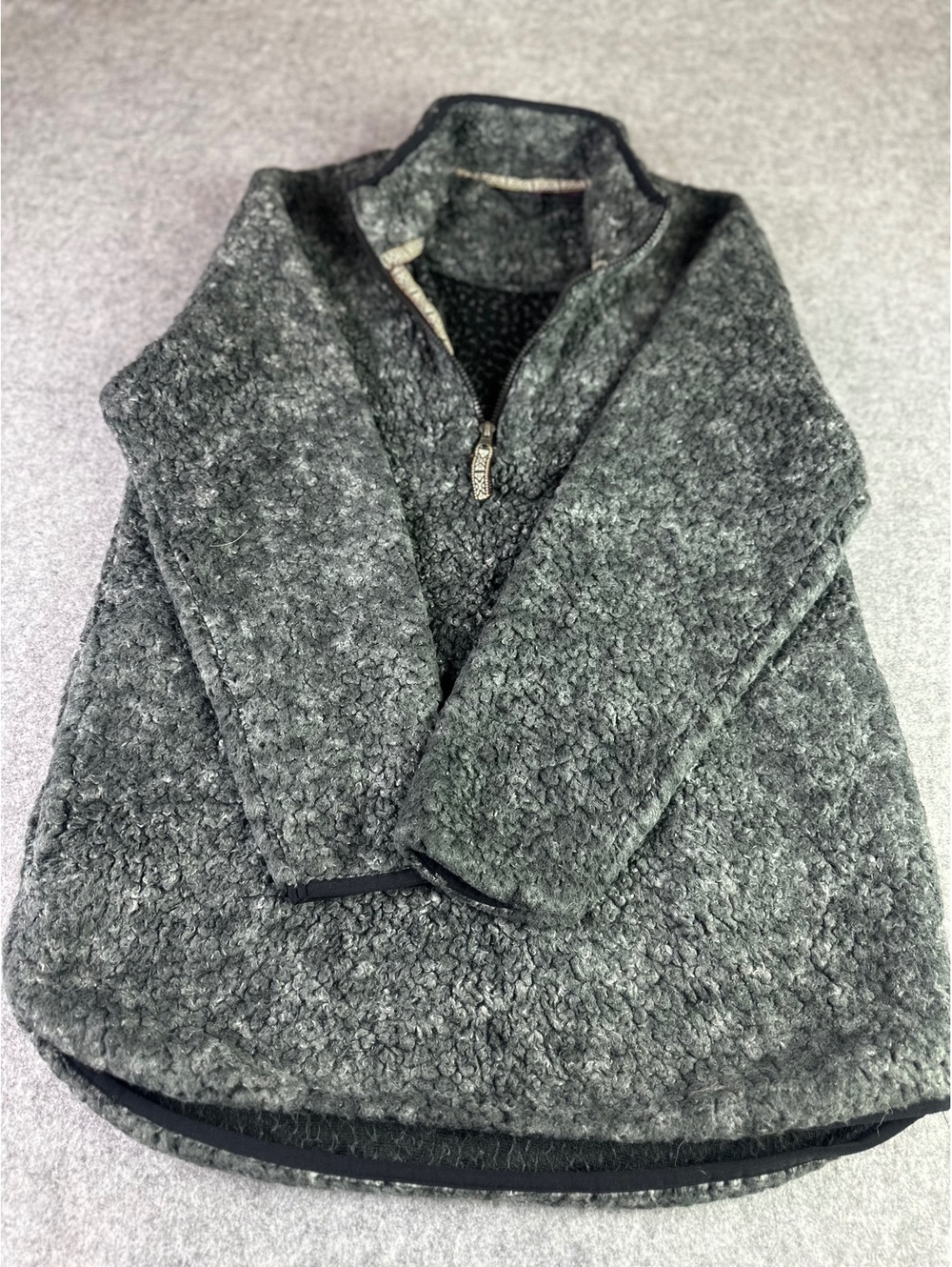 Large Gray Sherpa Fleece Pullover with Half-Zip and Decorative Trim